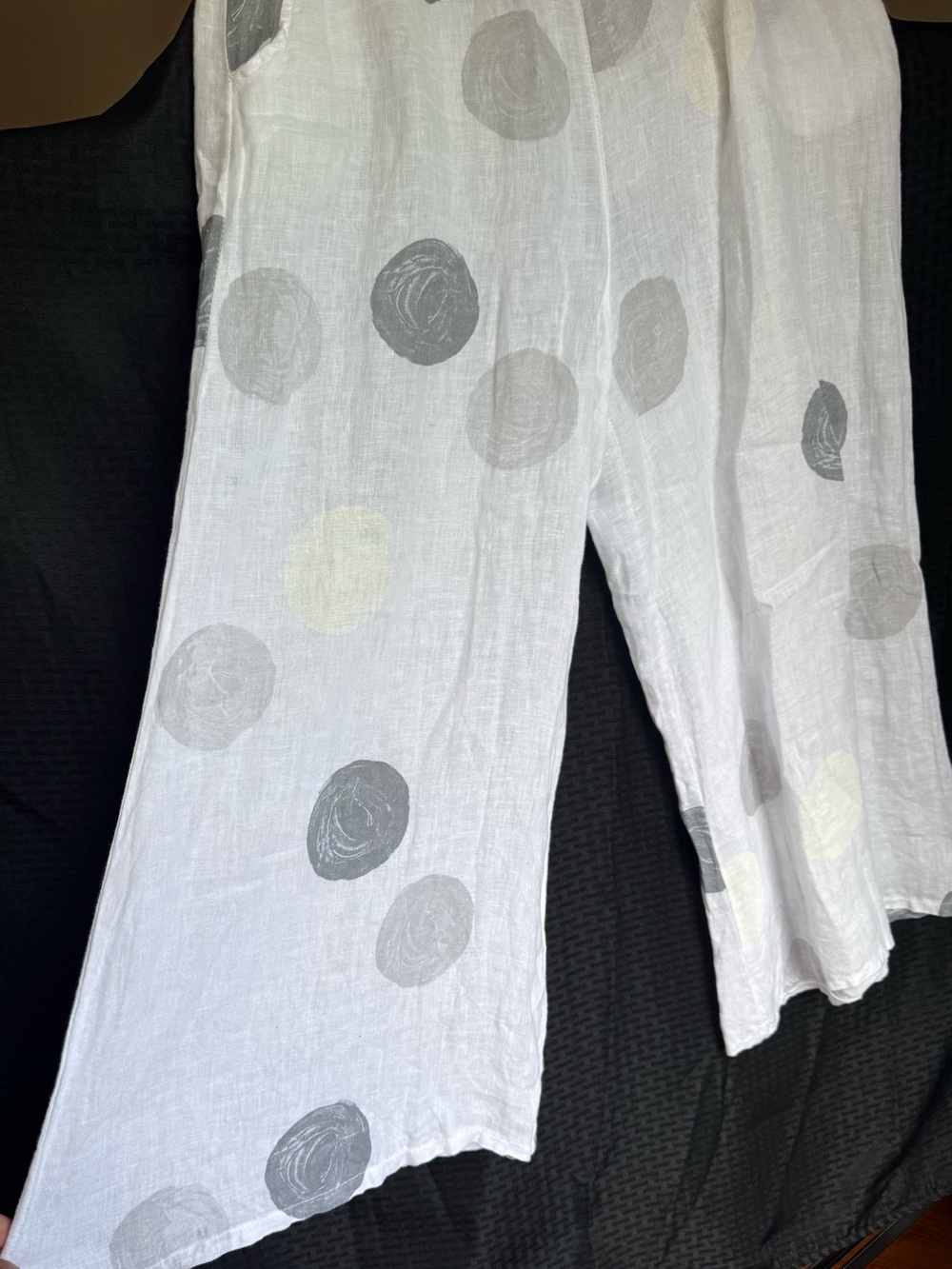 White Linen Wide-Leg Pants with Gray Polka Dots